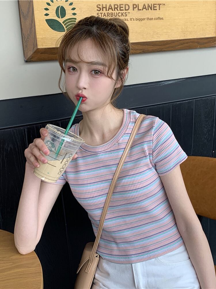 2020年夏の新作レディースオールマッチレインボーストライプスリムショートTシャツ学生ボトミングシャツトップトレンド YY-ファッション17334238687