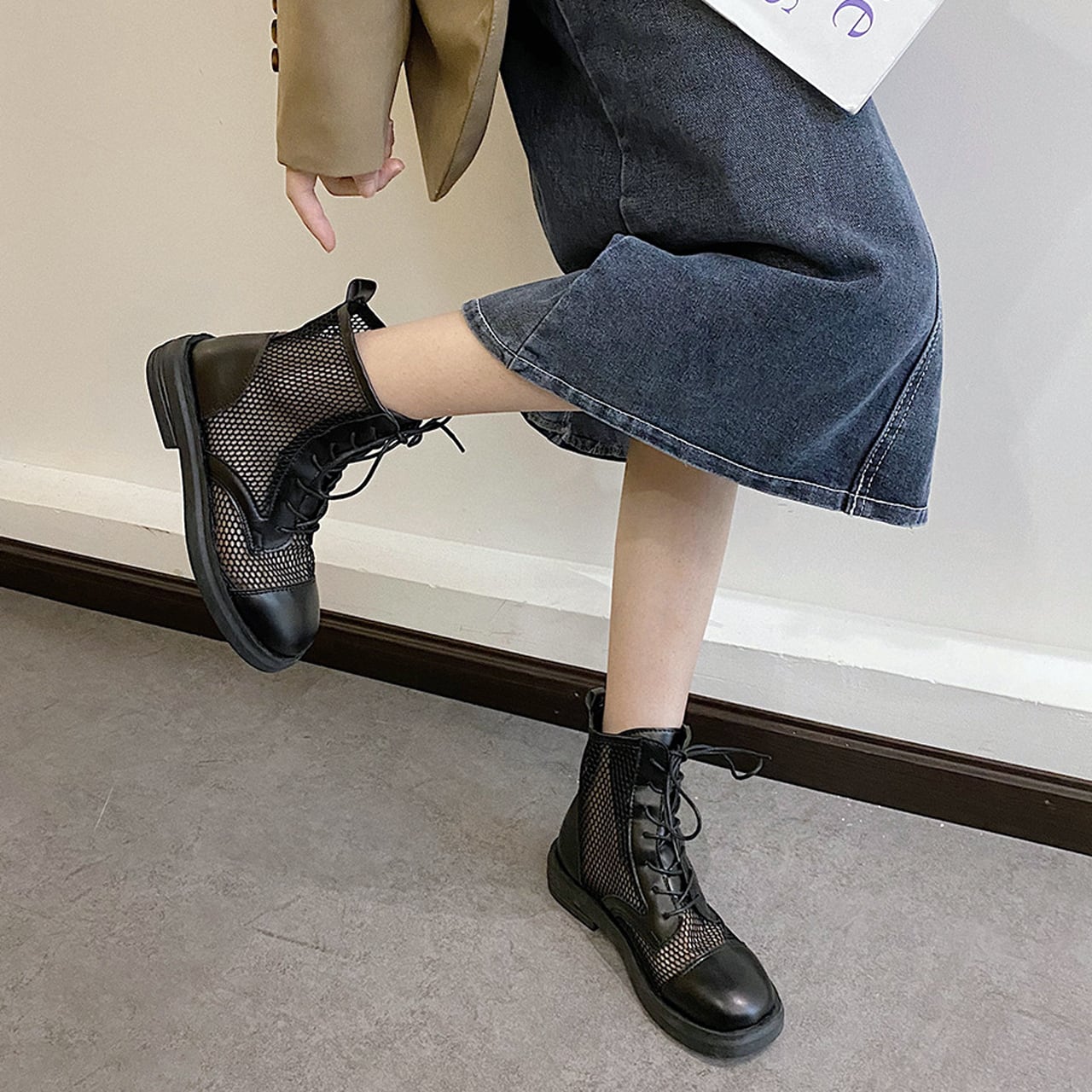Regit Mesh Mennish Boots Black 韓国 靴 シューズ ブーツ メンズライク ミリタリー メッシュ 夏 カジュアル 10代 代 プチプラ 映える 透け感 ネット通販 Regit