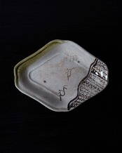 菱形皿　緑釉鉄絵蟹図　２枚　/　江戸中期〜明治初期