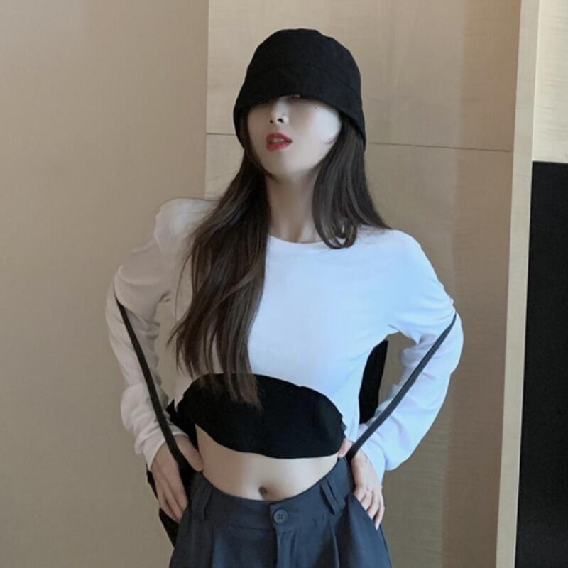 ショートトップス スプリングサマーシャツ ブラックスリムハイウェストウェストTシャツ ロング 春物 夏物 YY-ファッション54506967696