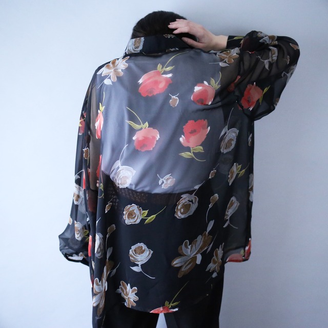 flower art pattern loose black see-through shirt