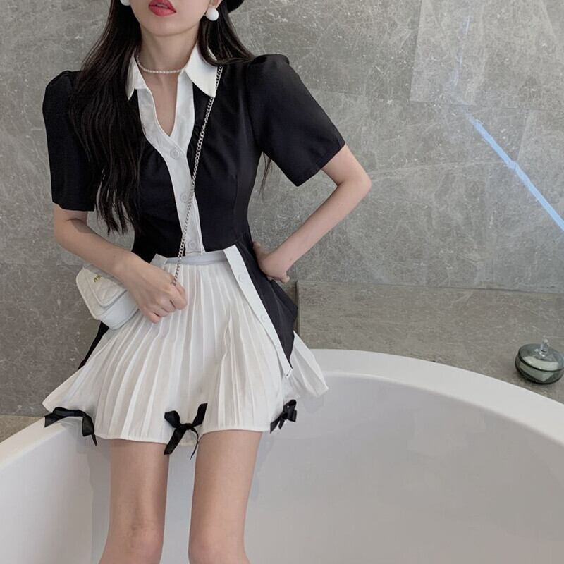 カラーシャツ トップス レディースリボンハイウェストウェストプリーツスカート サマードレス 大人ガーリー スウィート キュート カジュアル 夏物 ガールズファッション48801415242