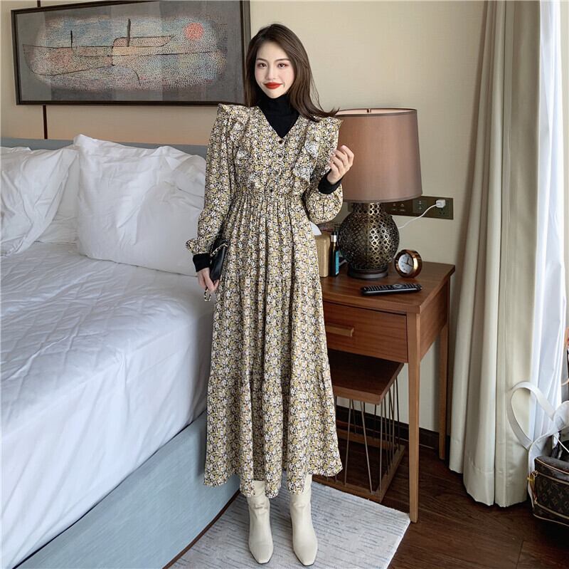 ドレス スタンダードフローラルスカート スプリングウェスト薄手 ロング レトロ 春物 花柄 ブラックストロベリース649599495