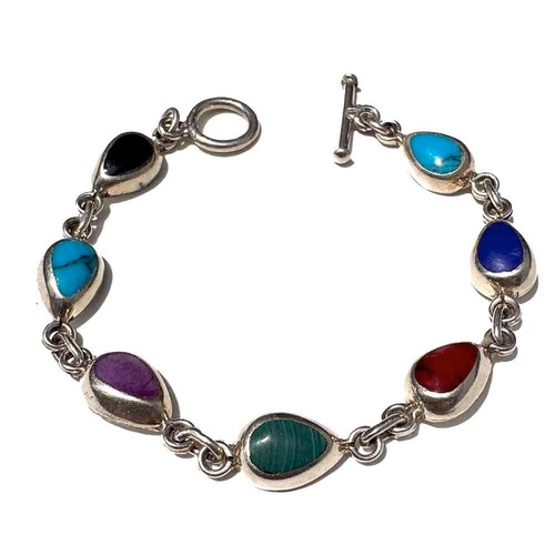 【Taxco MEXICO 925】Vintage Taxco Multi-Stone Silver Chain Bracelet【1970s-】Vintage Silver Bracelet