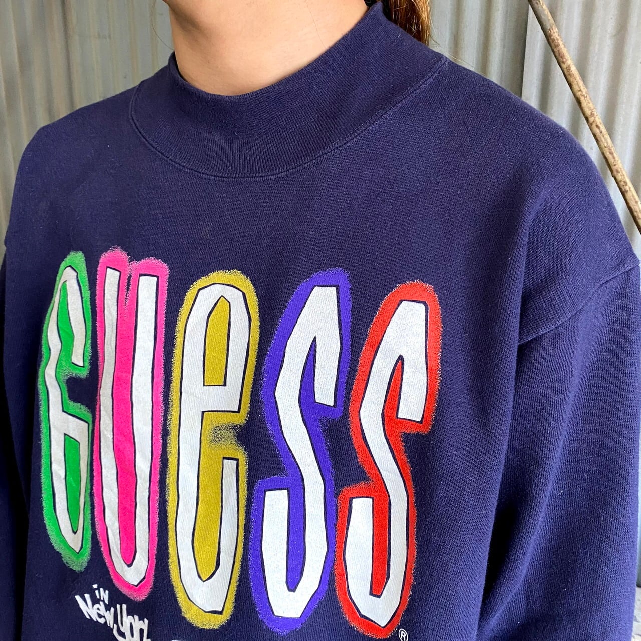 80年代 GUESS ゲス フロントロゴプリント モックネック スウェット