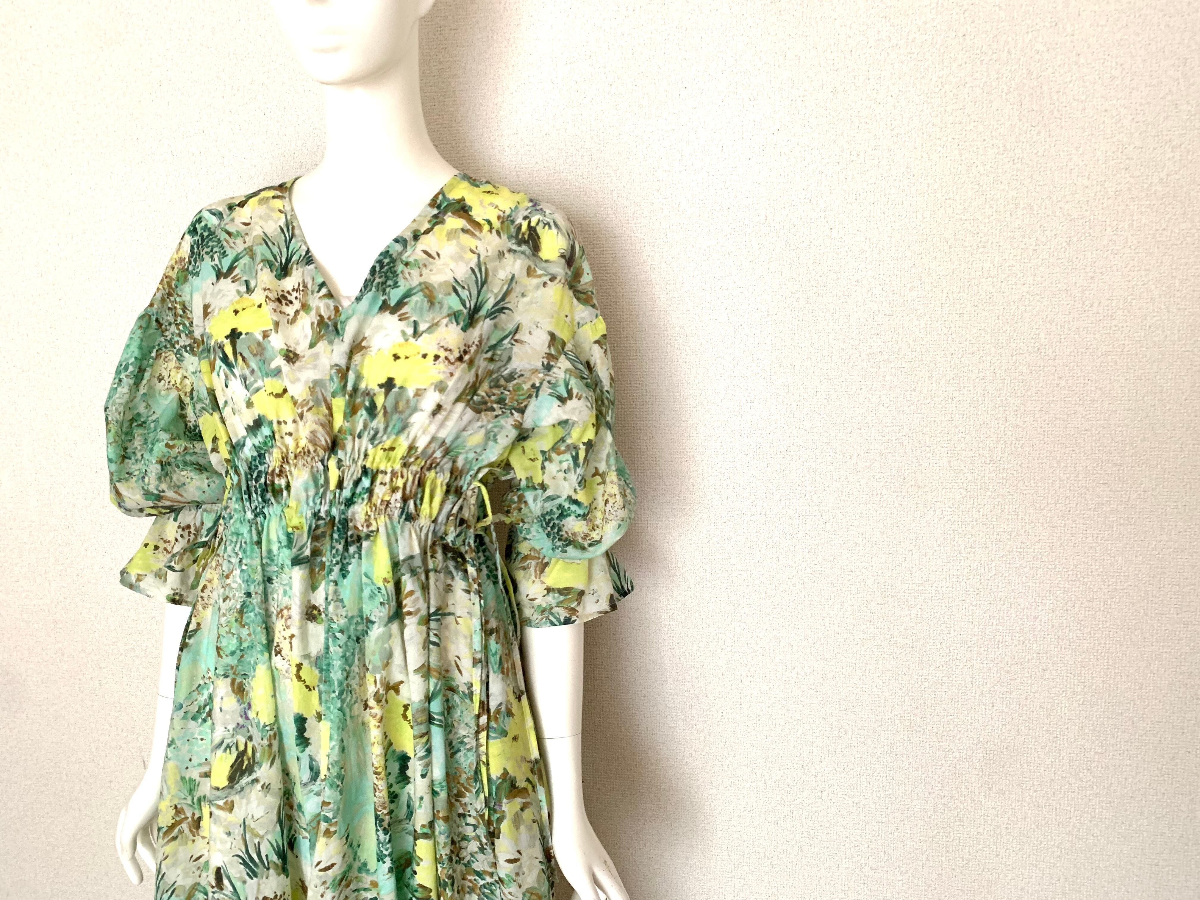 【日本製】VネックドロストキャンディスリーブOP　花柄