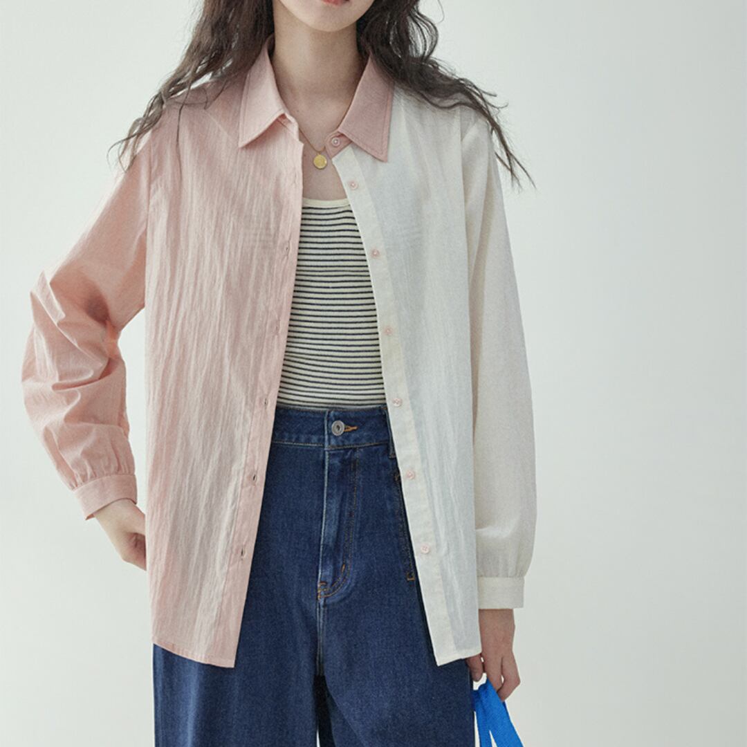 colorblock lapel single breasted shirt long sleeve tops