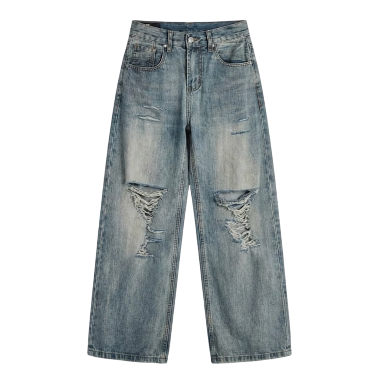 Washed distressed straight denim pants 0005
