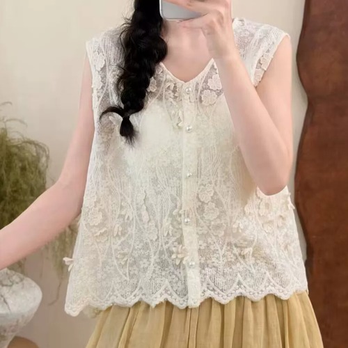 2色/花柄刺繍レース前開きノースリーブベスト ・11929