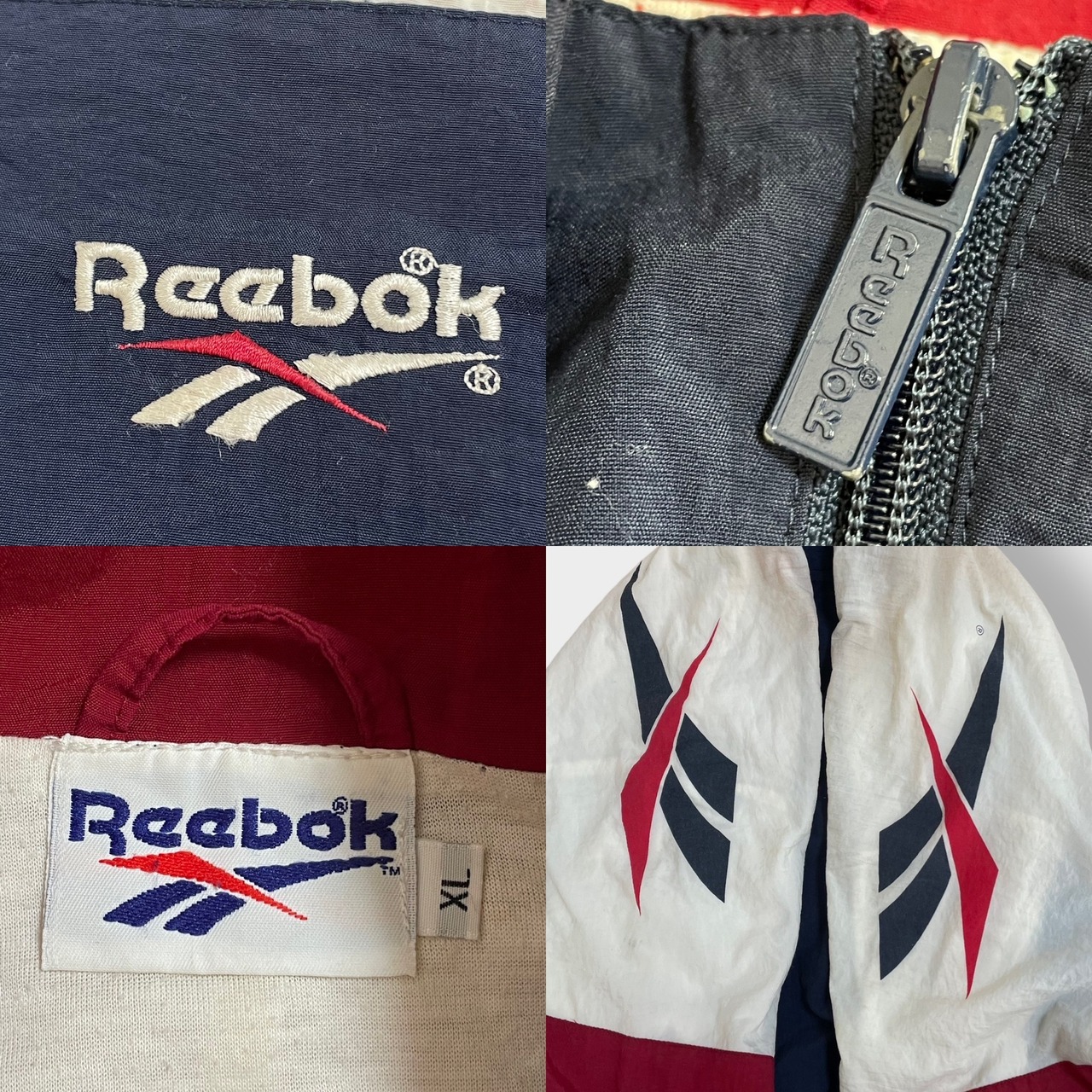 【Reebok】90s ナイロンジャケット ブルゾン 刺繍ロゴ 袖ロゴ フルジップ ジップアップ ワンポイント XL マルチカラー 切替 リーボックスポブラ us古着
