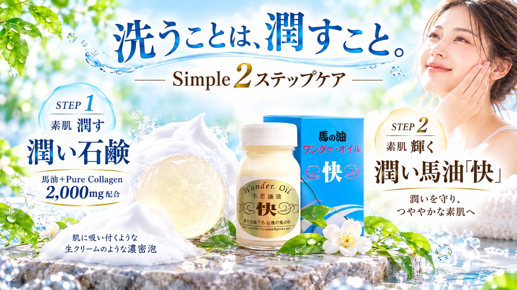 セット価格でお得に|通常合計5,510円 → セット価格5,300円(税込)潤いツーステップセット〈馬油1個+石鹸1個〉