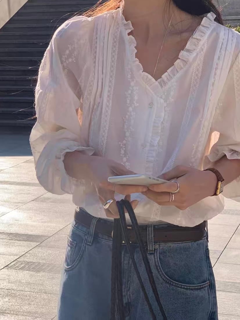 フリルネックレースディテールブラウス.1447