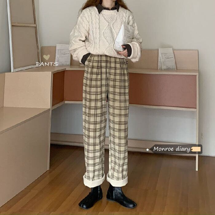 格子柄パンツ レディースルーズコーデュロイハイウェストカジュアルオータムウィンター 秋物 冬物 モンロー87920646257