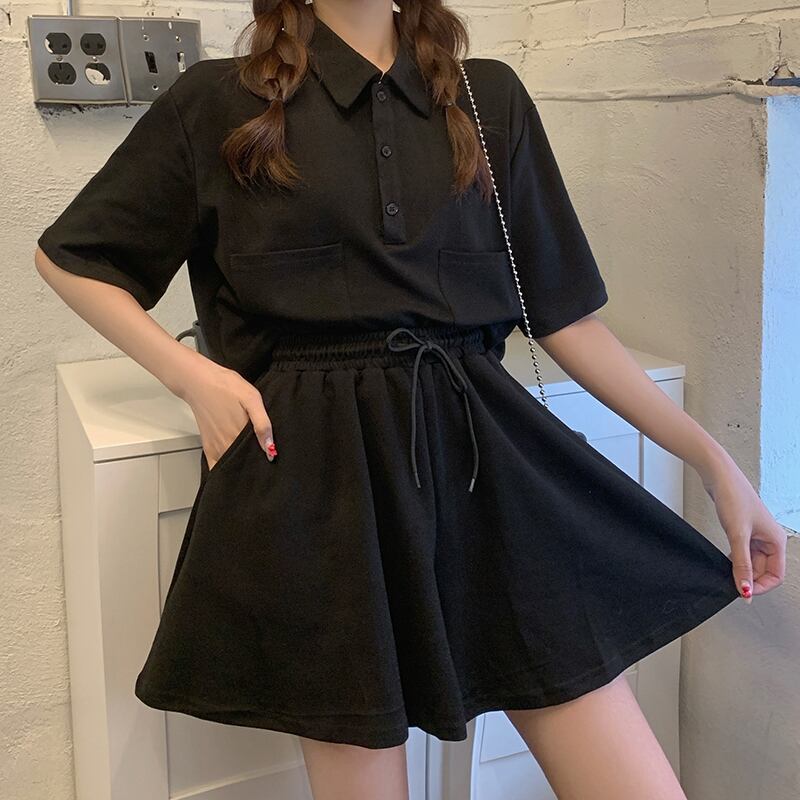 サブカル 服 地雷系 通販 ツーピース 半袖シャツ フレアミニスカ 薄手 カジュアル JKスタイル ハイウエスト
