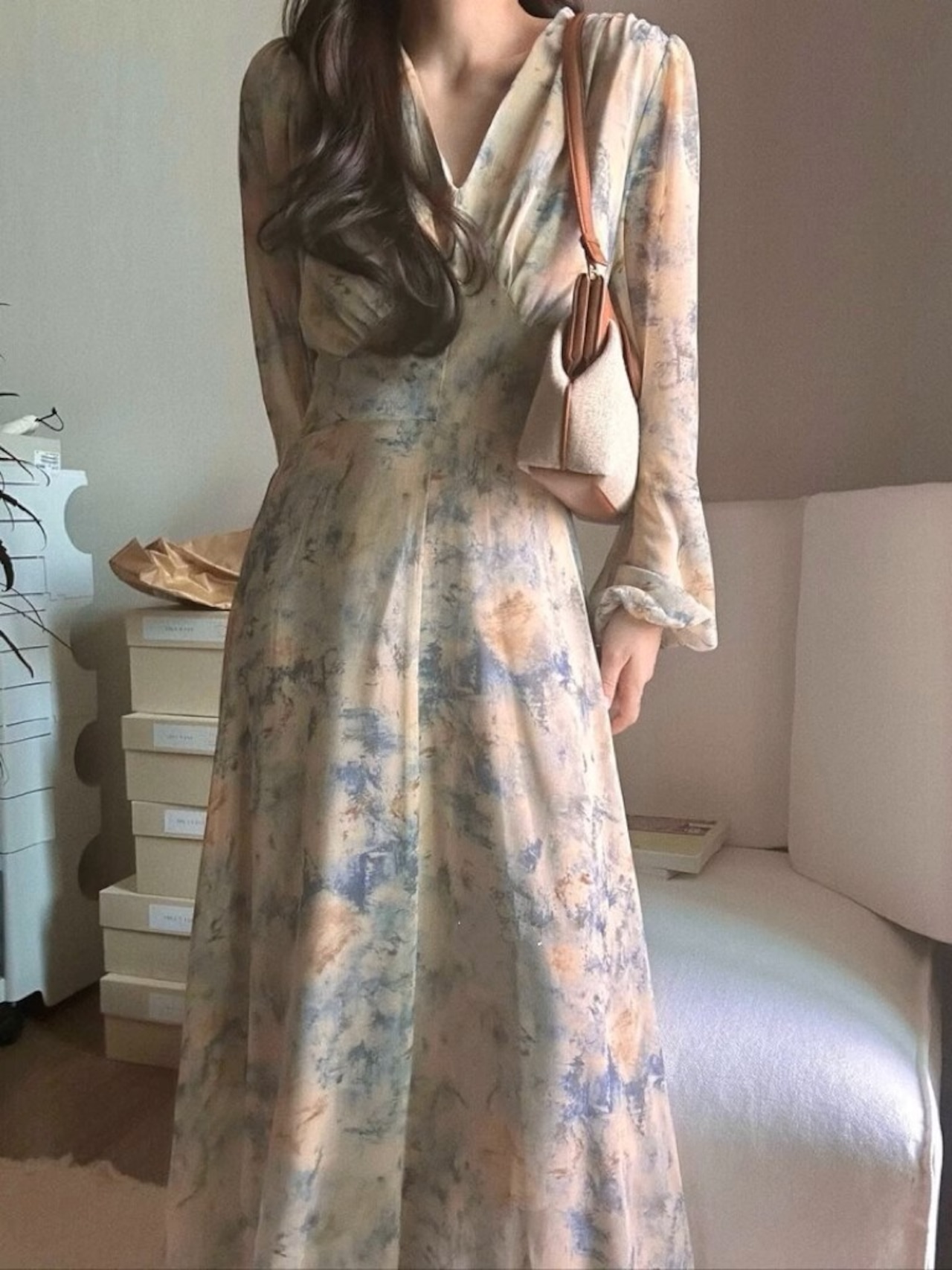 ボカシプリントシフォンワンピース D1279