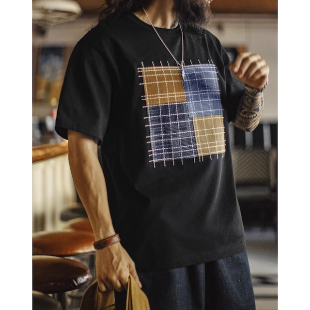 コントラストカラーパッチワーク半袖Tシャツ 220009