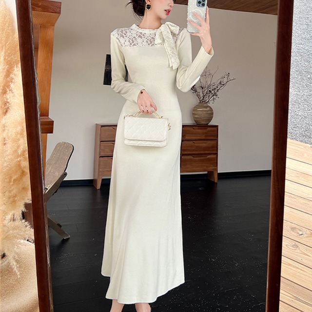 【CHERRYシリーズ】ワンピース エレガント レース＆ニット 長袖 ベージュ