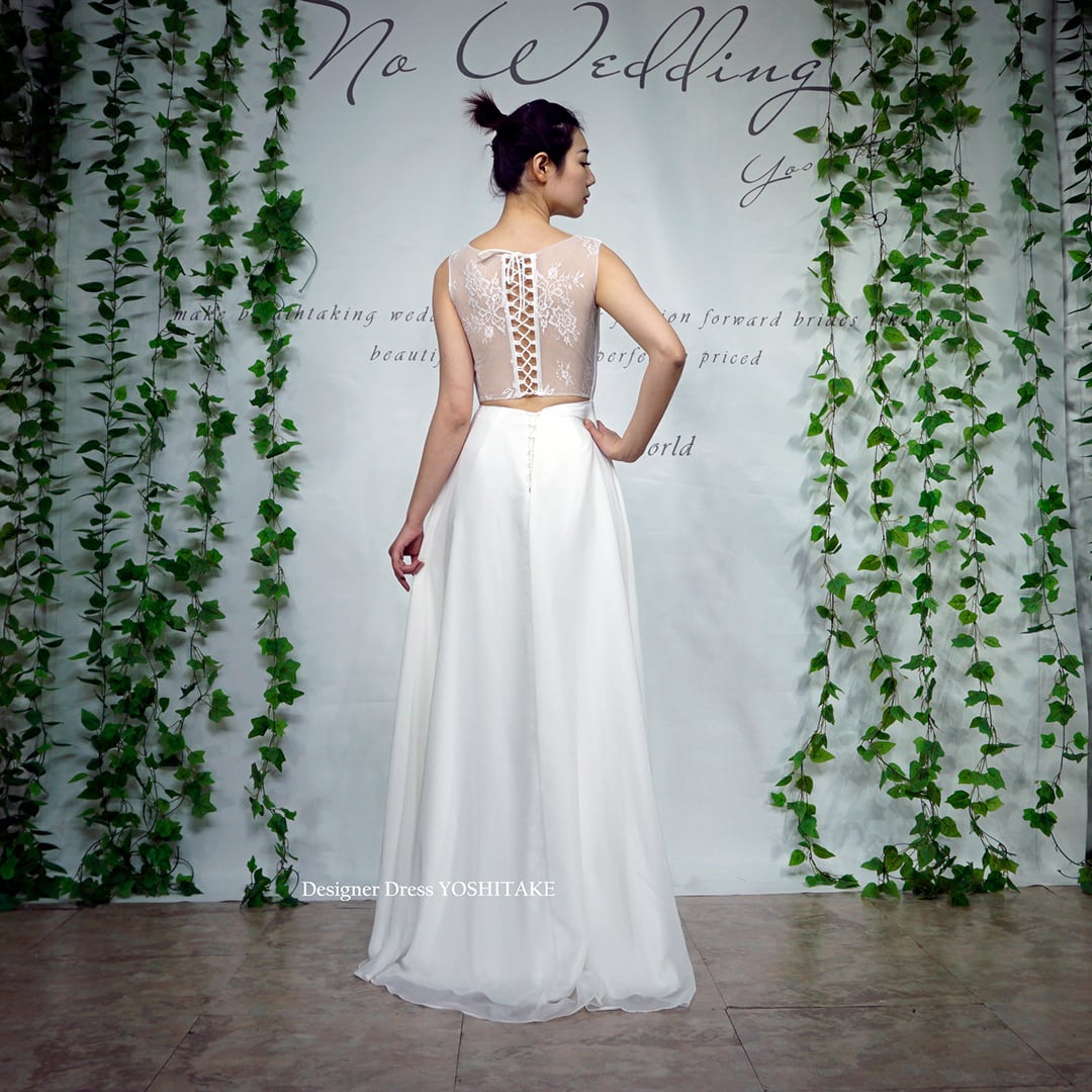 サンプルドレス】ウエディングドレス 上半身バック透けレース編み上げ