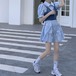 【2点セット】2色/デニムビスチェ+パフスリーブティアードフレアシャツワンピ ・78486