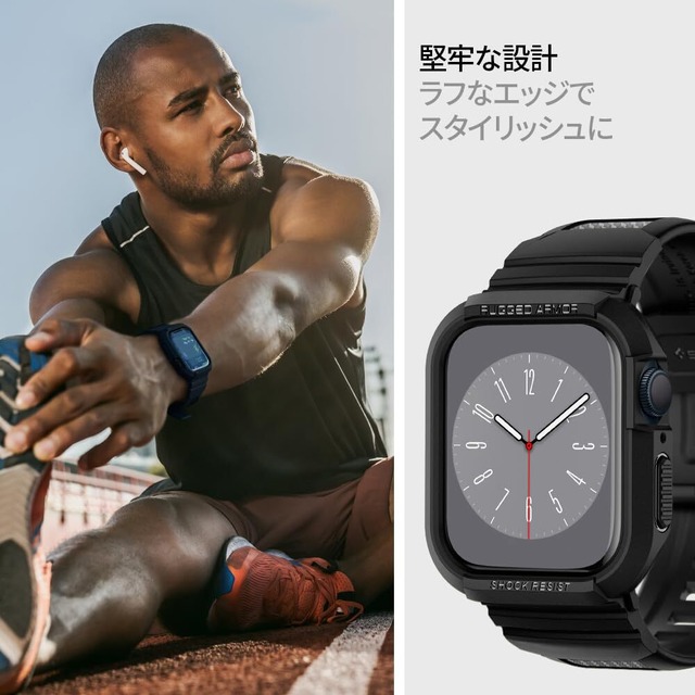 【新春セール】Spigen Apple Watch バンド 45mm | 44mm 一体型 ケース カバー 耐衝撃 PC TPU 二重構造 スポーツバンド 落下 衝撃 吸収 耐久性 傷防止 【 Series 9 / 8 / SE 2 /Series 7 / SE/Series 6 / Series 5 / Series 4 対応 】 ラギッド・アーマー プロ 062CS25324 (ブラック)
