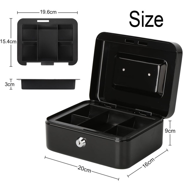 Jssmst 手提げ金庫 キーロック式 ミニ金庫 金属製 20x16x9cm (ブラック)