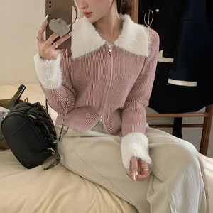 ファーカラー付き ニット カーディガン 長袖 レディース 秋冬 韓国 羽織り きれいめ リブニット ショート丈 レトロ 大人 カジュアル おしゃれ 大人可愛い 大人女子