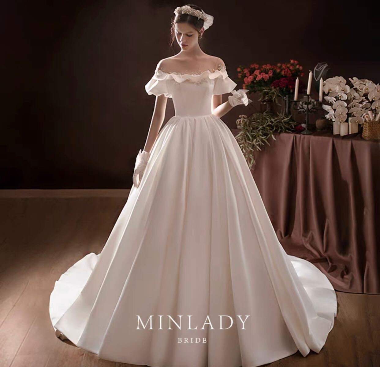 フリル サテン ウェディングドレス | MINLADY BRIDE フリル サテン ウェディングドレス | MINLADY BRIDE