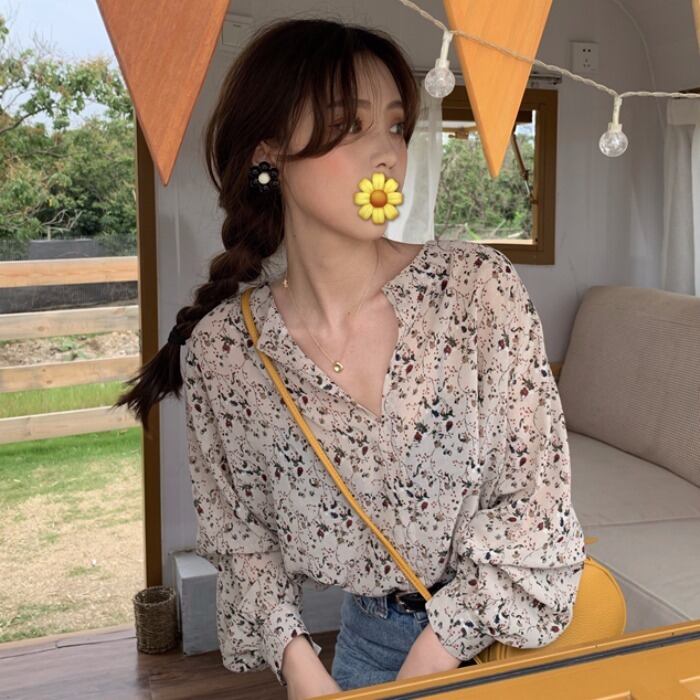 サマーブラウス 薄手Vネックルーズスタンダードフローラルシフォンシャツ レトロ 夏物 花柄 YY-ファッション40585404648