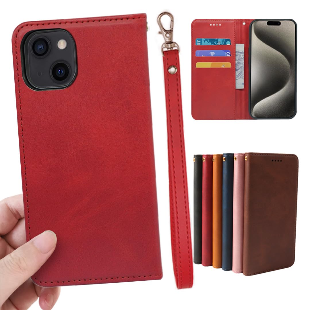 GOKIGIOD 適用 iPhone 15 ケース 手帳型 PUレザー ストラップ 同梱 カード収納 スタンド機能 耐衝撃 アイフォン15 スマホケース 手帳 いphone15 case カバー 財布型 内蔵マグネット 弱磁 ストラップホール 携帯カバー レトロ 真っ赤