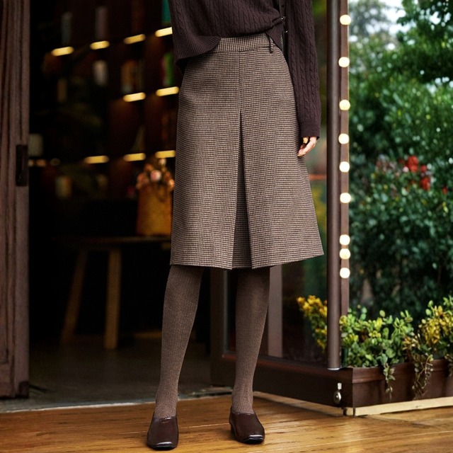 High waist elegant front slit houndstooth skirt