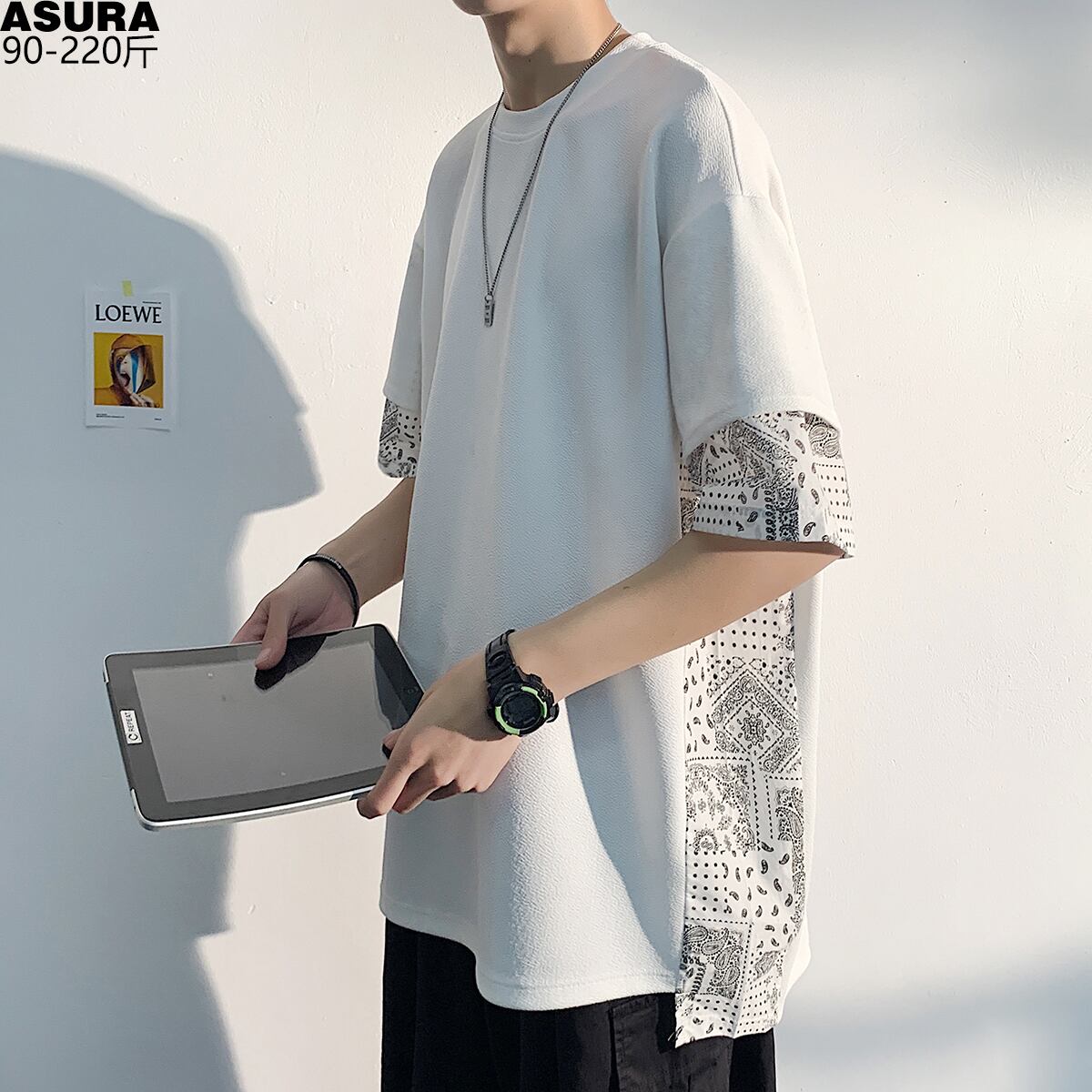 スリットFlowerデザイン Tシャツ 薄手ルーズサマースタイル 大きめサイズ 夏物 シルク フラワーデザイン ASURAプラスサイズメンズ83422518647