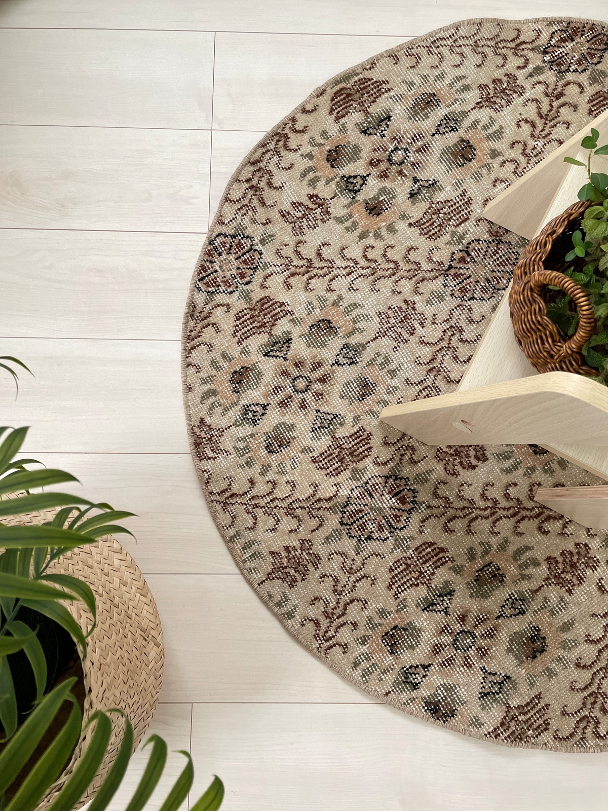 70's vintage round rug -marron brownie floral- | SUN vintage rug｜お花柄 ...