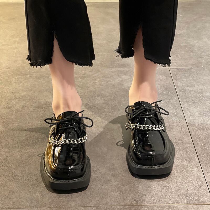 シングルスプリングオータムスタンダードスタイルレースブラックレザーヒール 靴 シューズ レトロ 春物 秋物 レースアップ 部族の婦人靴39093448104