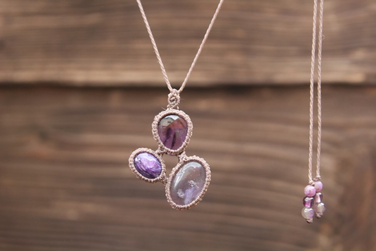 Fluorite & Charoite & Amethyst micro macrame pendant