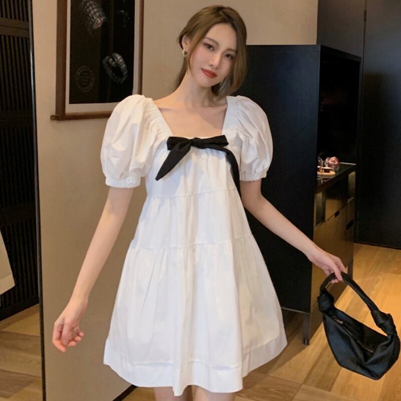 スリーブドレス サマーリボンカラーホワイトスカート スリムショート 大人ガーリー スウィート キュート カジュアル 夏物 スクウェア YY-ファッション97515590297