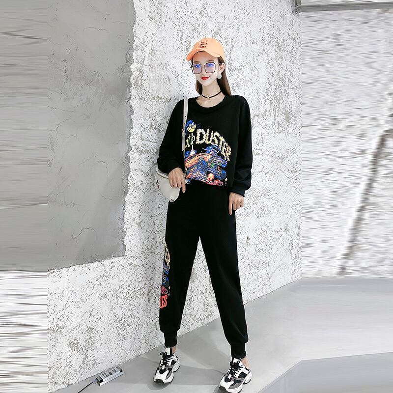 プラスサイズのレディース秋のツーピーススーツ2020ニューレターTシャツ年齢を減らしてスリムにするウエスタンスタイルのワイドレッグパンツスーツ ミックスインファッション99206883188