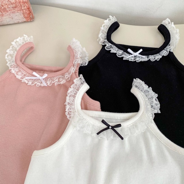 【BABY】レースフリルリボンノースリーブTシャツ - 7