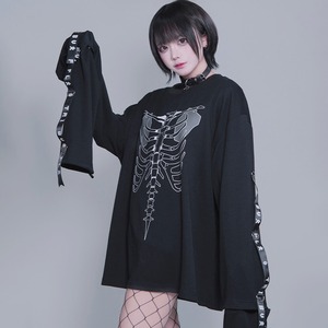 スケルトンプリント オーバーサイズロングスリーブTシャツ（2WAY袖）（lli_6772）