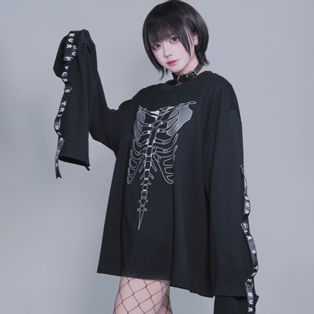 スケルトンプリント オーバーサイズロングスリーブTシャツ（2WAY袖）（lli_6772）