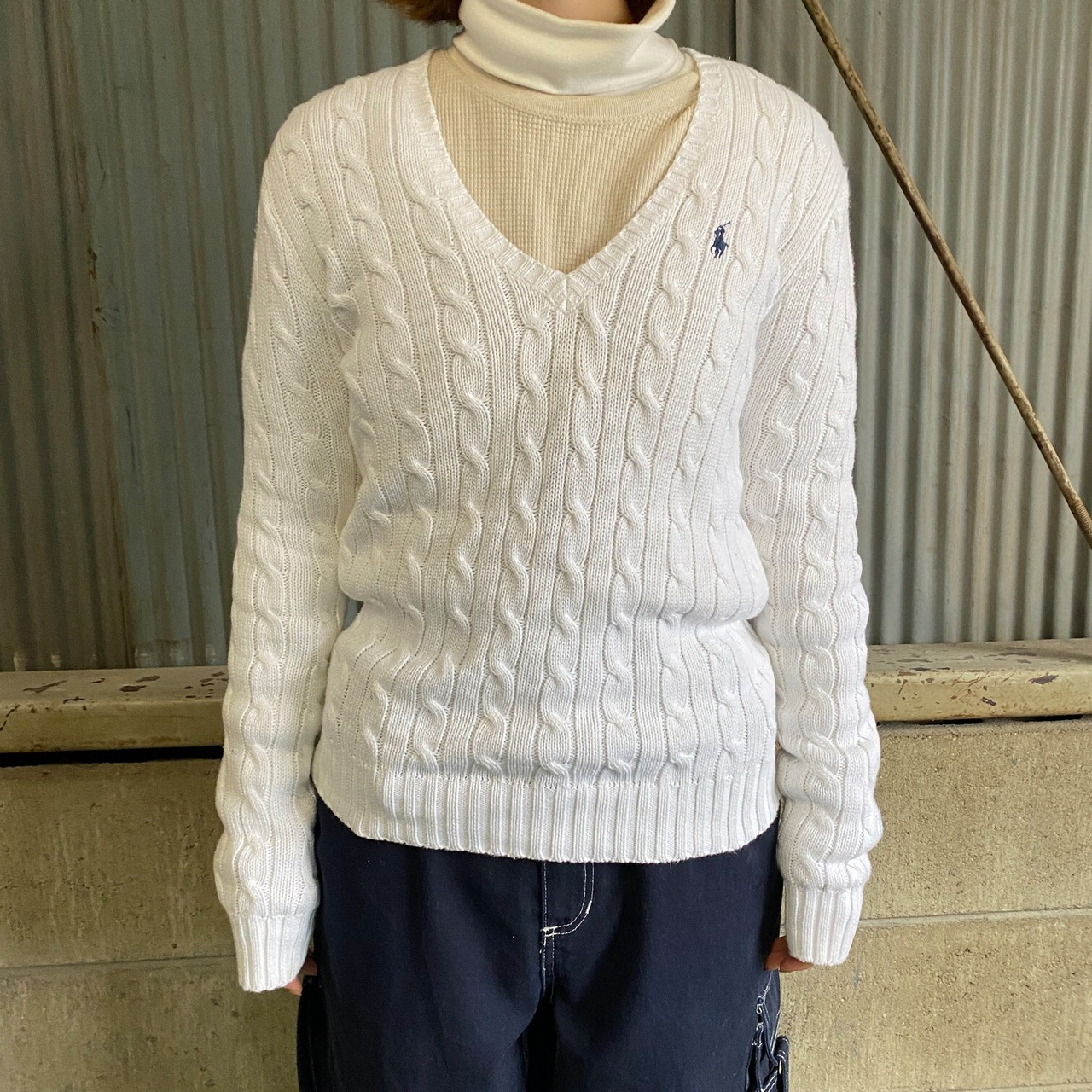 Ralph Lauren ラルフローレン ケーブル編み Vネック コットンニット 