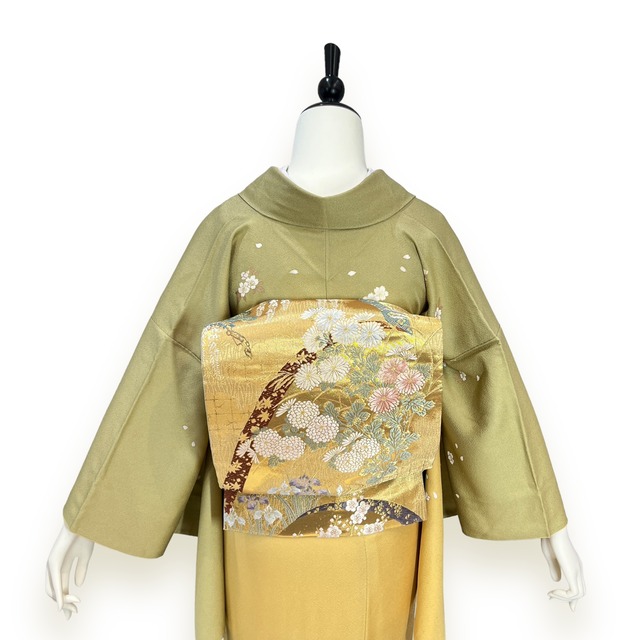 訪問着・附下げレンタル フルセット 抹茶地枝垂れ桜扇文 MSサイズ 100