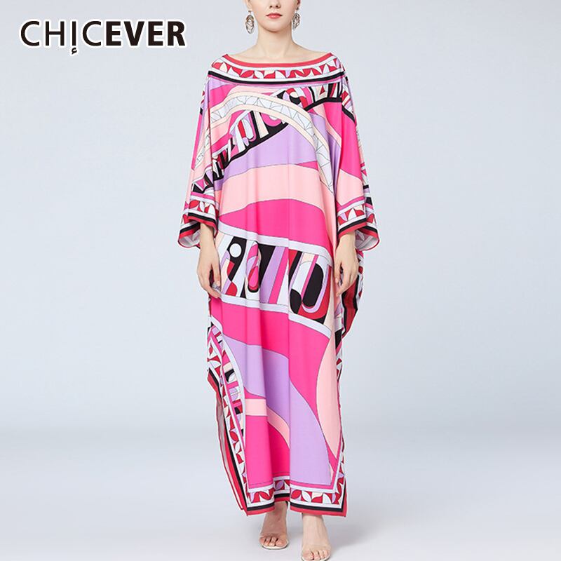 CHICEVERルーズドレスレディーススラッシュネックバットウィングスリークォータースリーブプリントヒットカラードレス2020タイド 6base594301634980