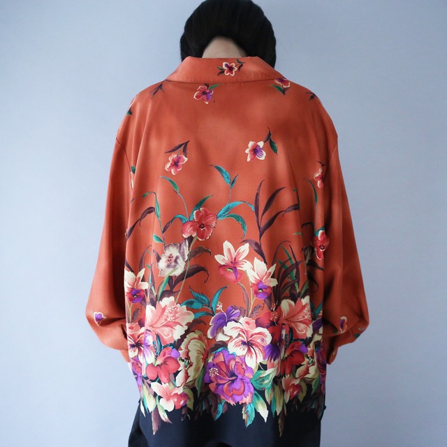 beautiful flower art pattern loose silhouette open collar shirt