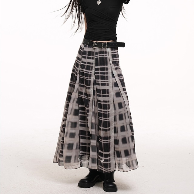 sheer check long skirt 10844