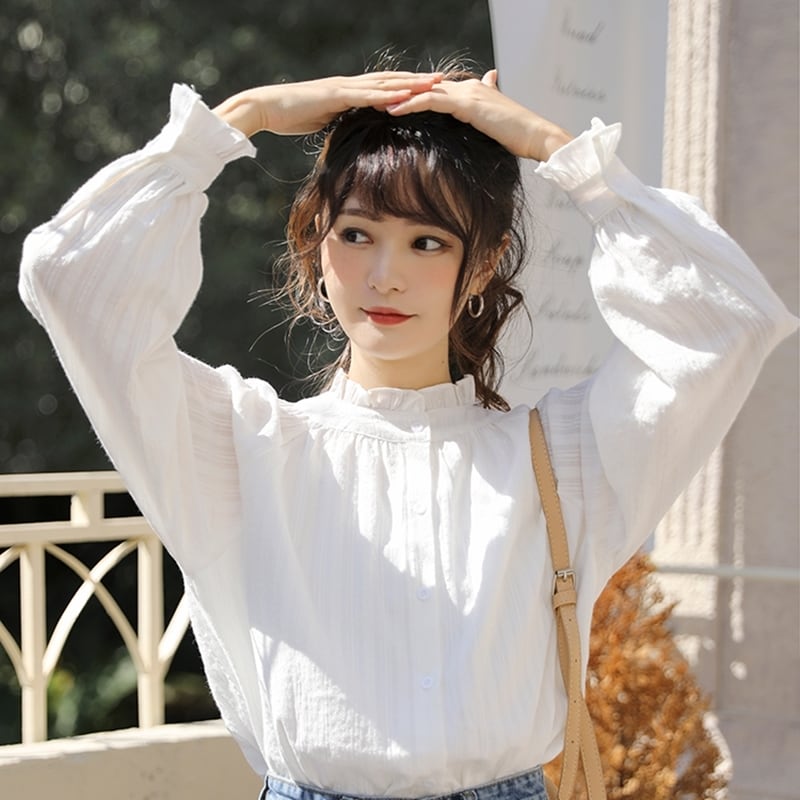 トップス シャツ ブラウス 白シャツ 白トップス フリル デザイン 長袖