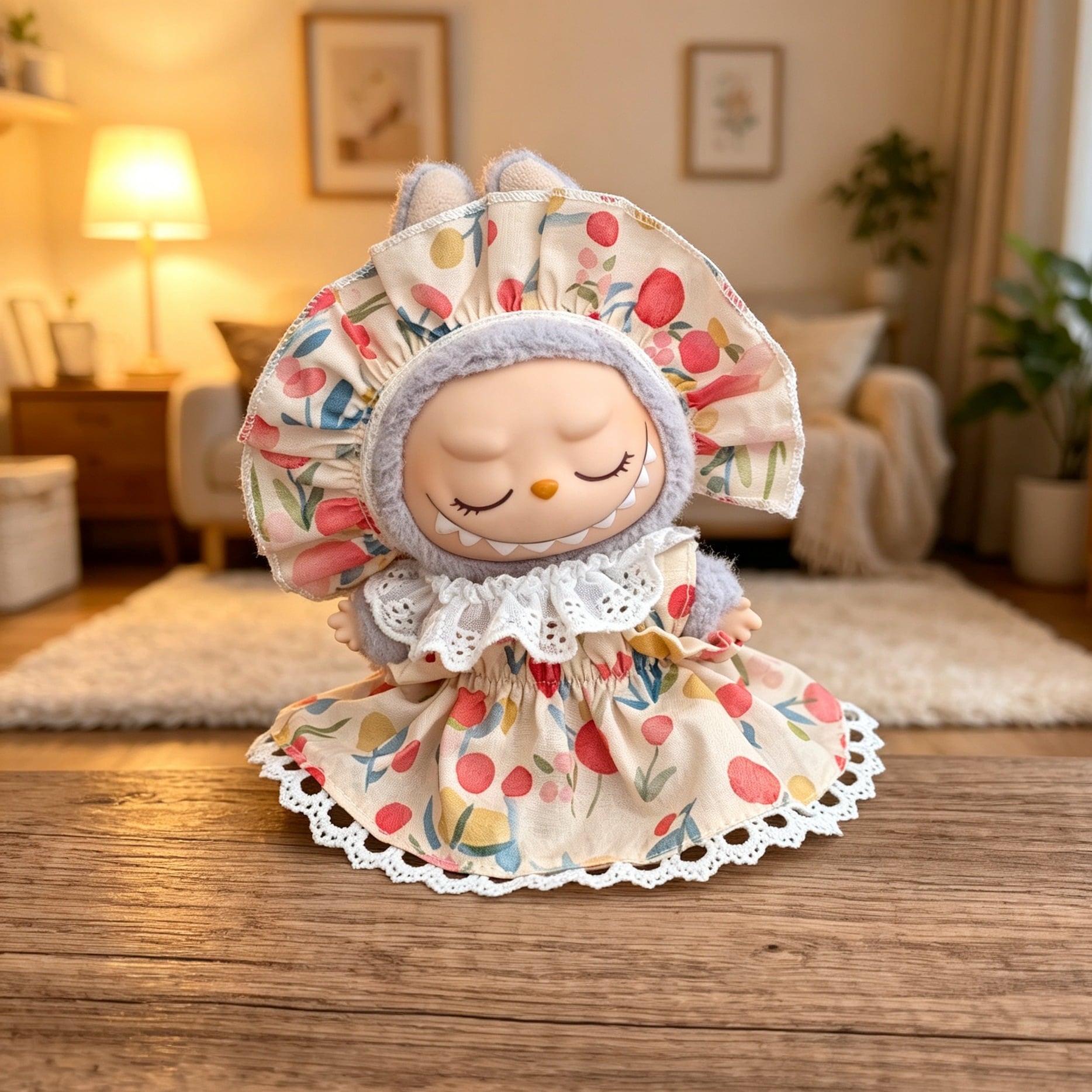 Labubu 1-3世代用 春夏 花柄ワンピース+ヘアバンド+スカーフ ラブブ