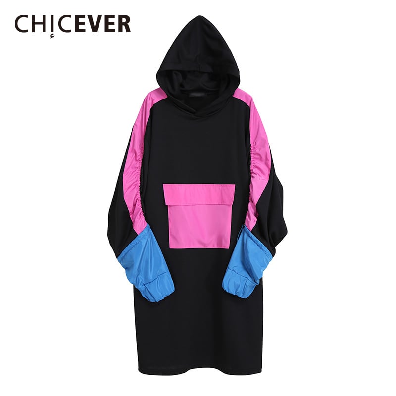 CHICEVERストリートドレスレディースフード付きカラーパフスリーブルーズパッチワークヒットカラー巾着ドレス2021 6base552922388854