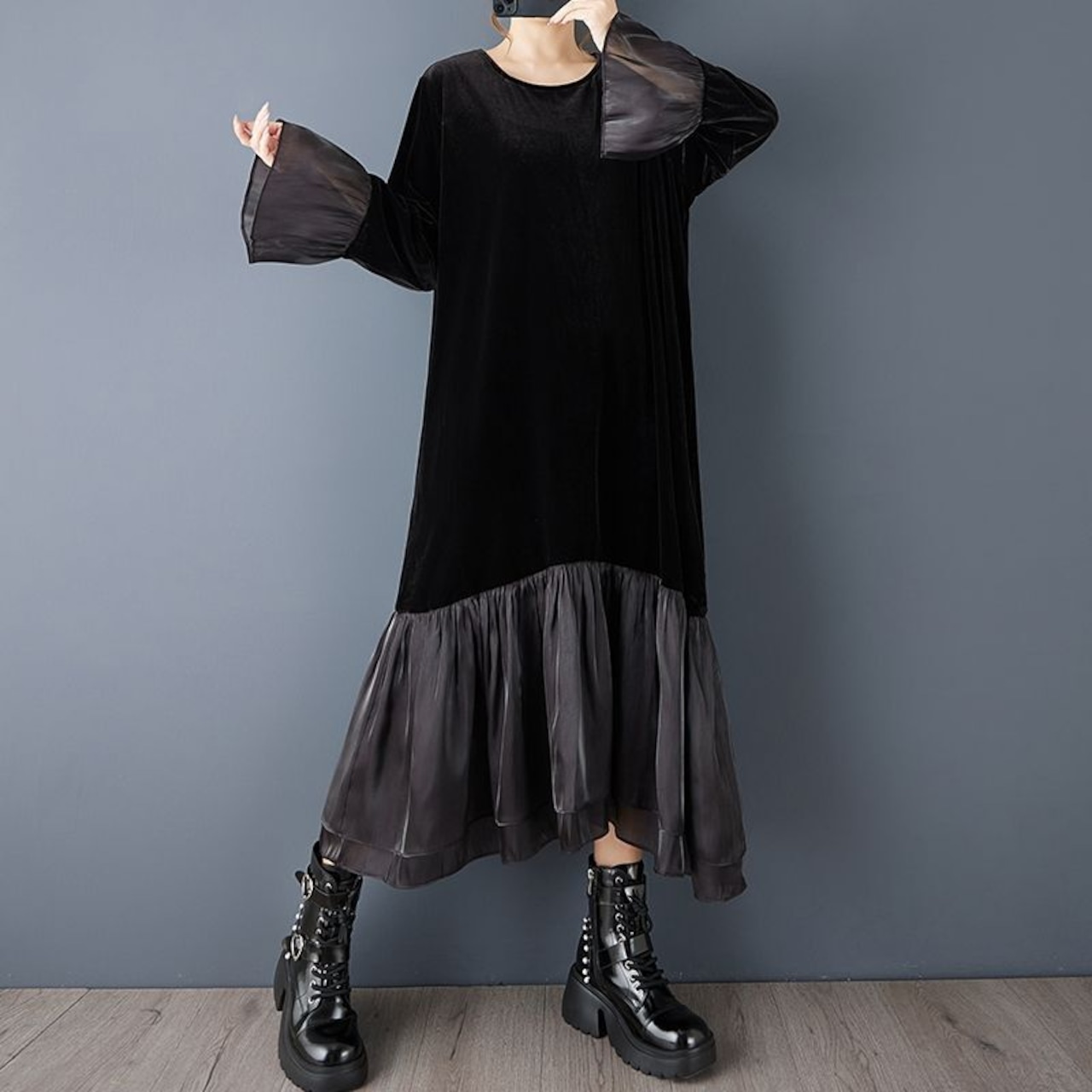 ベロア調 コントラスト ワンピース 60057