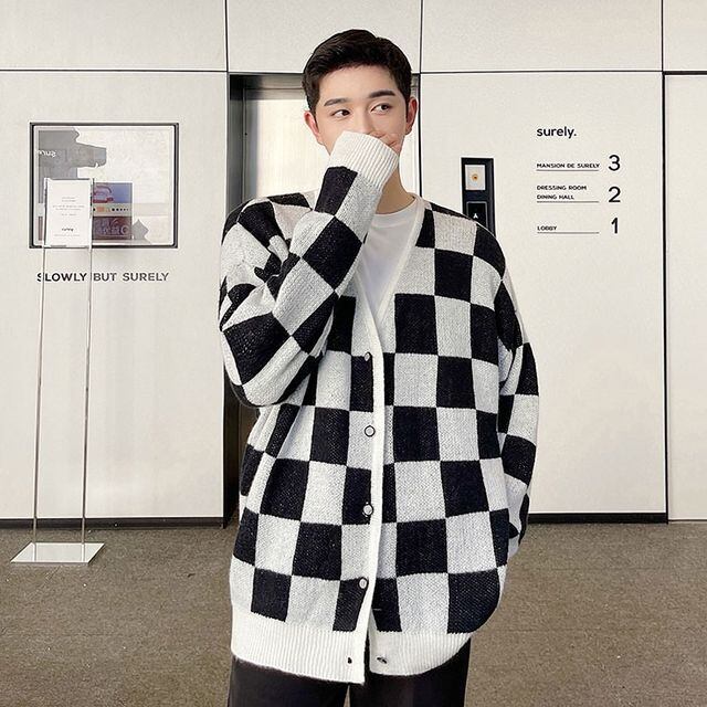 予約販売】カーディガン ニット メンズ アウター チェッカーフラッグ柄