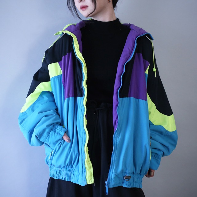 cyber neon color over silhouette zip-up blouson